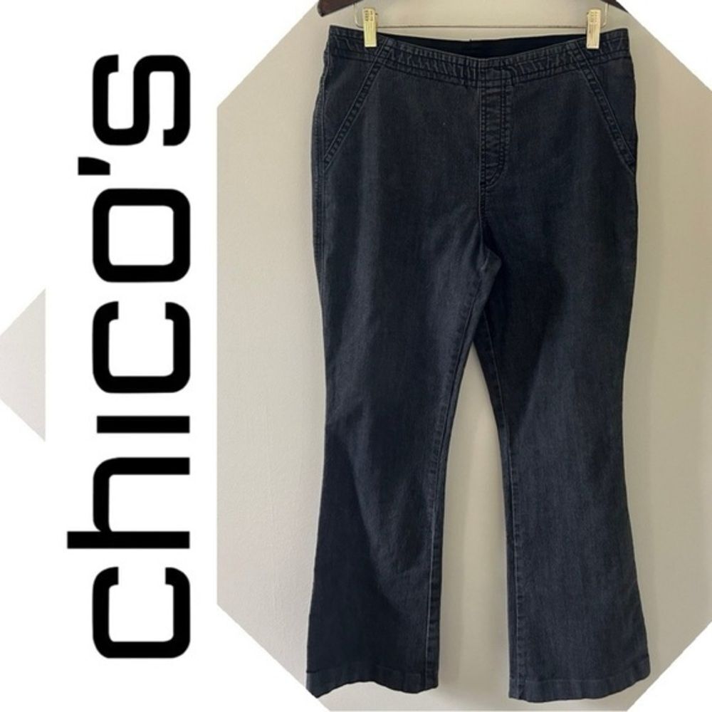 Black denim Chico’s size 1.5 jeans with stretch waist, EUC, medium size 10